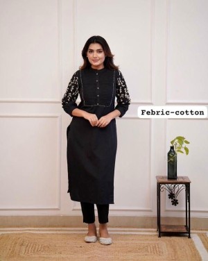 Designer beautiful embroidery printed cotton black kurti pant